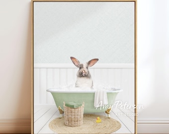 Bunny in Bathtub Art Print: Cottagecore Bathroom Wall Decor