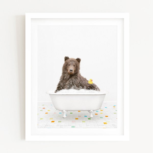 Bear with Rubber Ducky in a Vintage Bathtub, Color Tile Bath Style, Bathroom Wall Art, Unframed Animal Art Print by Amy Peterson