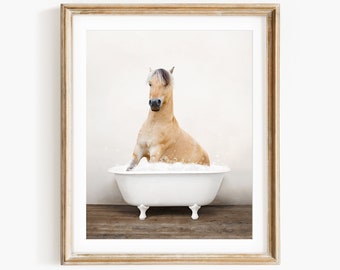 Horse in a Vintage Bathtub, Rustic Bath Style, Horse in Tub, Bathroom Wall Art, Unframed Print, Animal Art by Amy Peterson