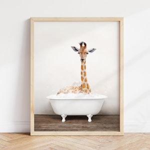 Giraffe in Bathtub Art Print: Rustic Bathroom Wall Decor