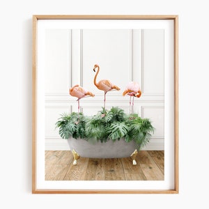 Flamingos in a Vintage Bathtub, Traditional Bath Style, Animal Bathroom Art, Bathroom Wall Art, Animal Art by Amy Peterson