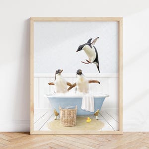 Penguin Bathtub Art Print: Cottage Blue Bathroom Animal Art