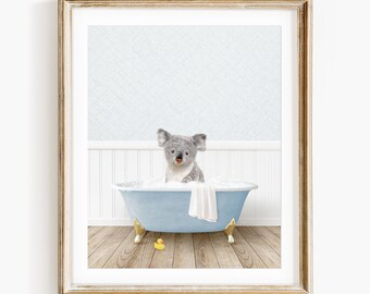 Koala in a Vintage Bathtub, Cottage Blue Bath Style, Koala in Tub, Bathroom Wall Art, Unframed Print, Animal Art by Amy Peterson