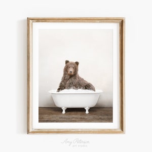 Bear in a Vintage Bathtub, Rustic Bath Style, Bear in Tub, Bathroom Wall Art, Unframed Print, Animal Art by Amy Peterson