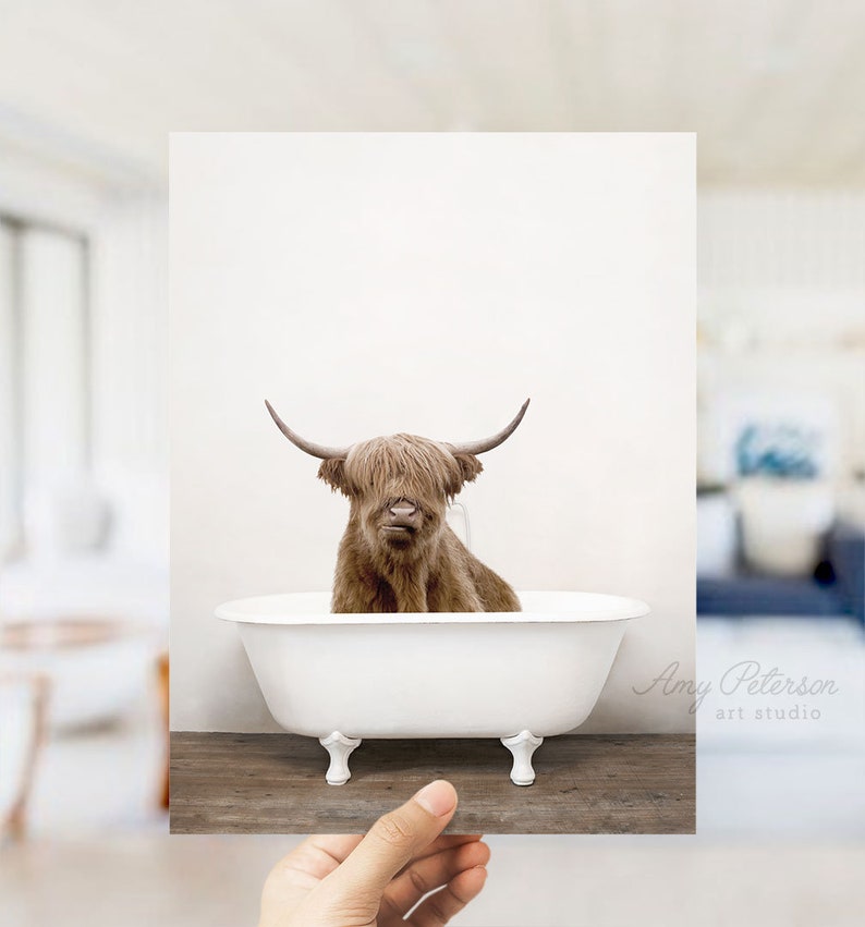 Highland Cow in a Bathtub Cow Taking a Bath Bathroom Art Etsy
