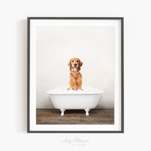 Red Retriever in a Vintage Bathtub, Dog Taking Bath, Dog Art, Bathroom Wall Art, Unframed Print, Animal Art by Amy Peterson