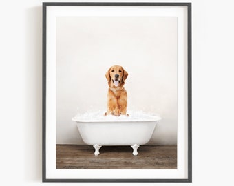 Red Retriever in a Vintage Bathtub, Dog Taking Bath, Dog Art, Bathroom Wall Art, Unframed Print, Animal Art by Amy Peterson