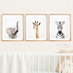 Set of 3 Baby Safari Animals Nursery Decor, Safari Animal Art, Elephant Zebra and Giraffe Nursery Art, Baby Animal Art by Amy Peterson