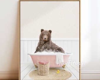 Brown Bear Bathroom Wall Art - Vintage Bathtub, Cottage Pink