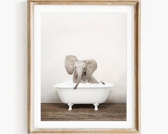 Baby Elephant in a Vintage Bathtub, Rustic Bath Style, Baby Elephant in Tub, Bathroom Wall Art, Unframed Print, Animal Art by Amy Peterson