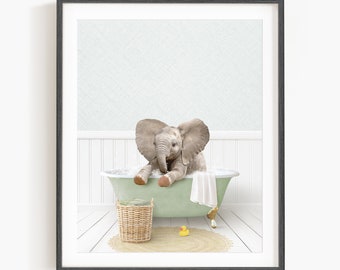 Baby Elephant No6 in a Vintage Bathtub, Cottage Green Bath, Bathroom Wall Art, Unframed Print, Animal Art by Amy Peterson
