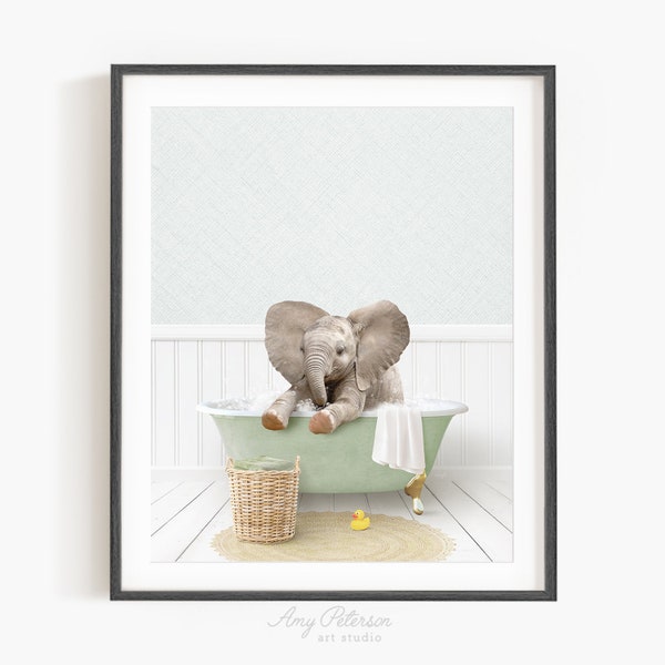 Baby Elephant No6 in a Vintage Bathtub, Cottage Green Bath, Bathroom Wall Art, Unframed Print, Animal Art by Amy Peterson