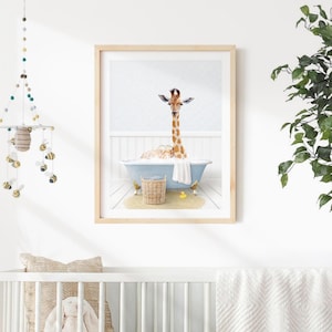 Giraffe in Bathtub Art Print: Cottage Blue Bathroom Wall Decor