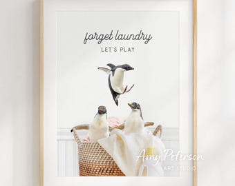 Penguin Laundry Room Art Print: Playful Animal Wall Decor
