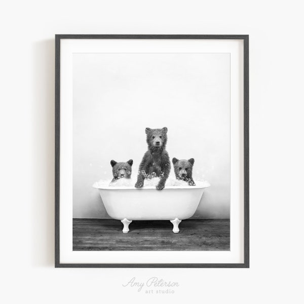 Three Bear Cubs in a Vintage Bathtub, Rustic Bath Style in Black and White, Bathroom Wall Art, Unframed Print, Animal Art by Amy Peterson