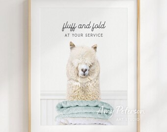 Alpaca Laundry Art Print: "Fluff and Fold" Animal Wall Decor