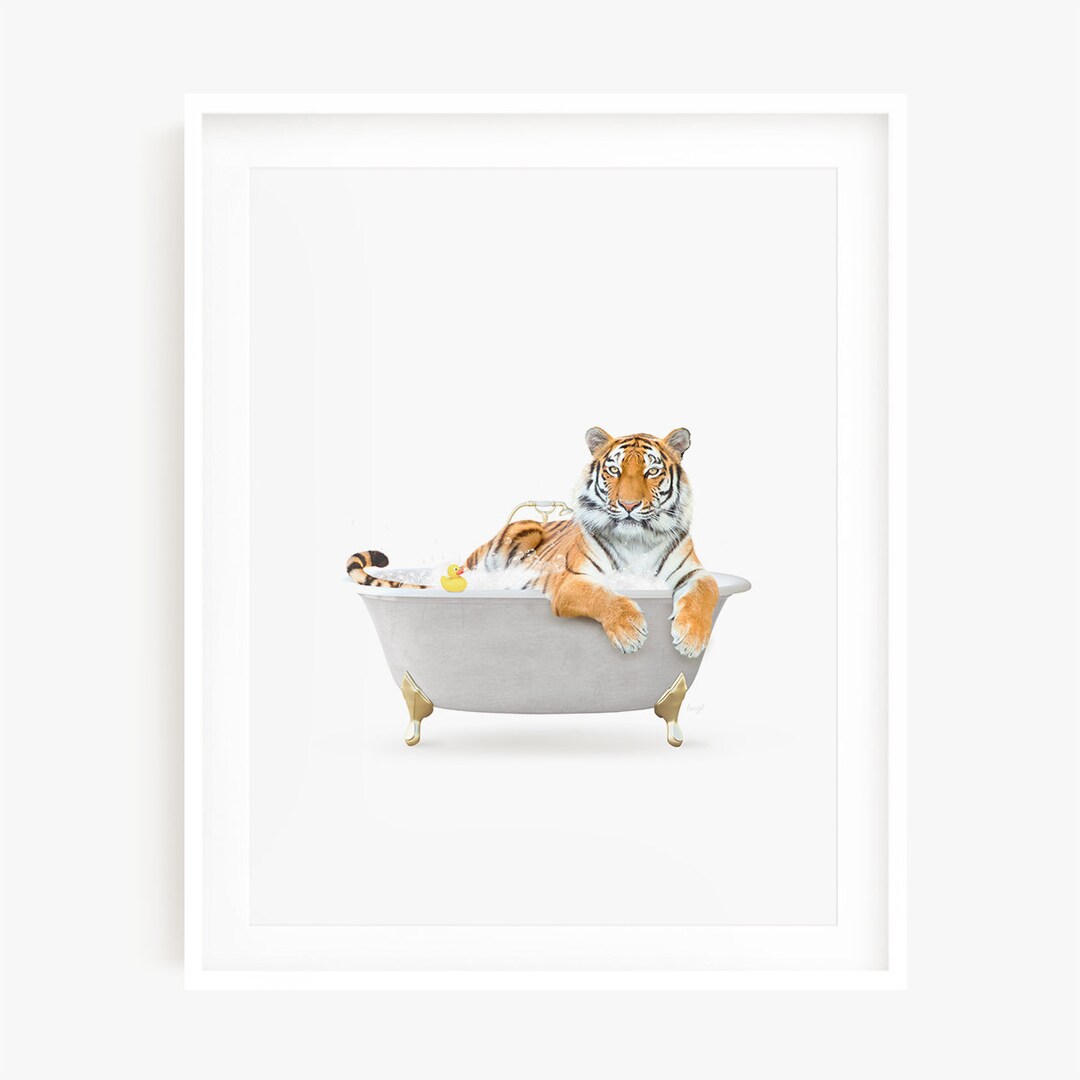 Tiger in Simple Tub Kids Bathroom Art Animal Bathroom Art Etsy