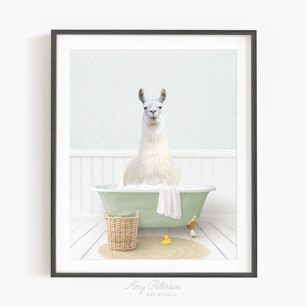 Llama in a Vintage Bathtub, Cottage Green Bath, Llama in Tub, Bathroom Wall Art, Unframed Print, Animal Art by Amy Peterson