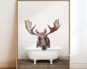 Moose in Bathtub Print: Rustic Bathroom Wall Art