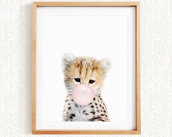 Baby Cheetah Blowing Bubble Gum, Cheetah Safari Animal Nursery Decor, Unframed Print, Baby Animal Wall Art by Amy Peterson