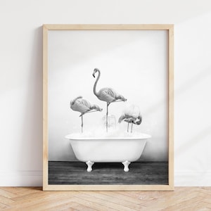 Flamingo Bathtub Art Print: Rustic Bathroom Decor by Amy Peterson