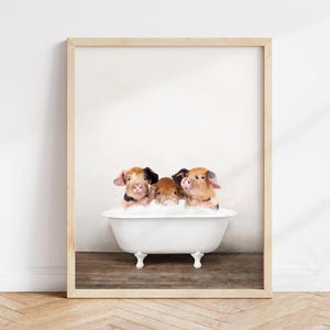 Three Little Pigs in Bathtub Art Print: Rustic Bathroom Wall Decor