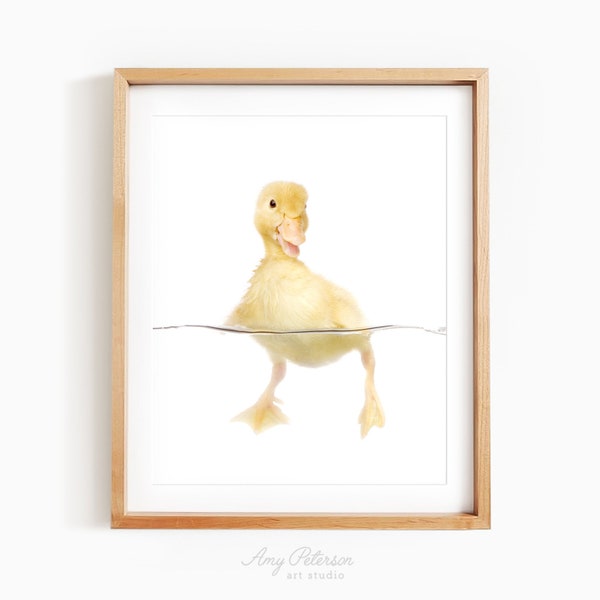 Yellow Duckling Swimming Art Print, Duck Taking Bath, Baby Animal, Woodland Animal Art by Amy Peterson