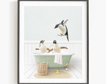Penguins in a Vintage Bathtub, Cottage Green Bath, Penguin in Tub, Bathroom Wall Art, Unframed Print, Animal Art by Amy Peterson