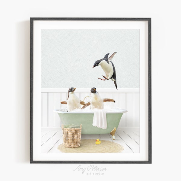 Penguins in a Vintage Bathtub, Cottage Green Bath, Penguin in Tub, Bathroom Wall Art, Unframed Print, Animal Art by Amy Peterson