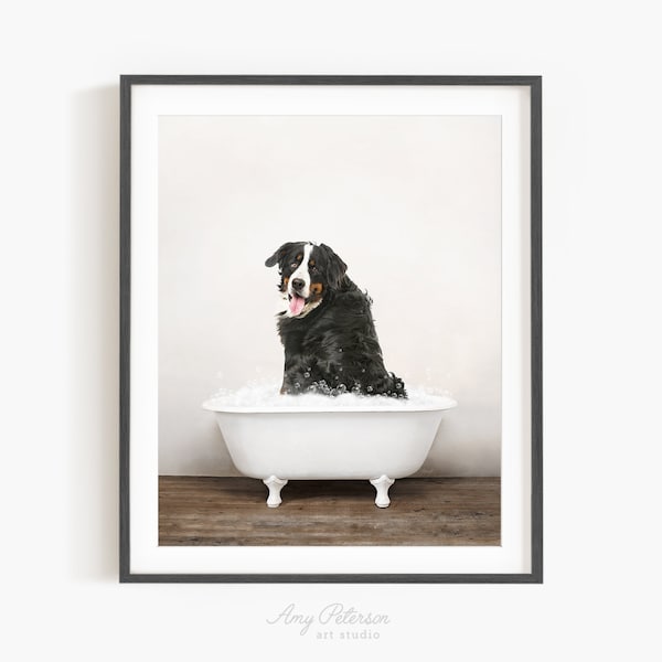 Bernese Mountain Dog in a Vintage Bathtub, Dog Taking Bath, Dog Art, Bathroom Wall Art, Unframed Print, Animal Art by Amy Peterson