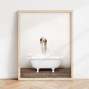 Swans in Bathtub Art Print: Rustic Bathroom Wall Decor