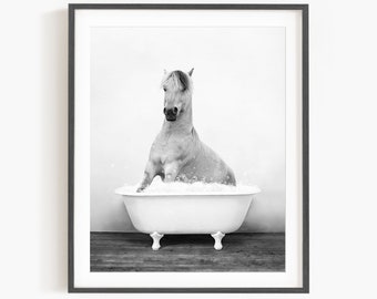 Horse in a Vintage Bathtub, Rustic Bath Style in Black and White, Bathroom Wall Art, Unframed Print, Animal Art by Amy Peterson