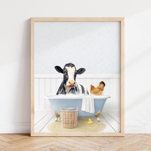 Cow and Chicken Bathtub Print: Cottagecore Bathroom Wall Art