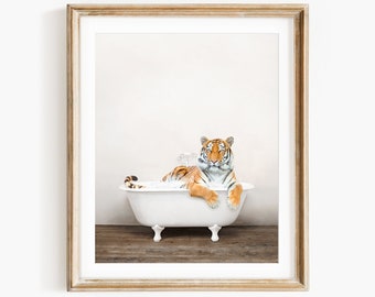 Bengal Tiger in a Vintage Bathtub, Rustic Bath Style, Tiger in Bathtub, Bathroom Wall Art, Unframed Print, Animal Art by Amy Peterson