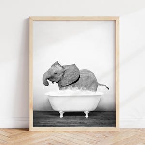 Baby Elephant in Bathtub Print: Rustic Bathroom Wall Art