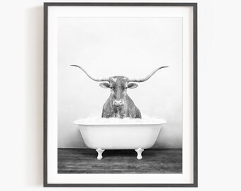 Texas Longhorn in a Vintage Bathtub, Rustic Bath Style in Black and White, Bathroom Wall Art, Unframed Print, Animal Art by Amy Peterson