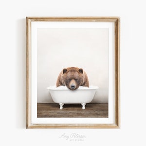 Big Bear in a Vintage Bathtub, Rustic Bath Style, Bear in Tub, Bathroom Wall Art, Unframed Print, Animal Art by Amy Peterson