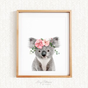 Baby Koala with Flower Crown, Nursery Art Woodland Animal, Nursery Decor Wall Art, Unframed Animal Art Print by Amy Peterson