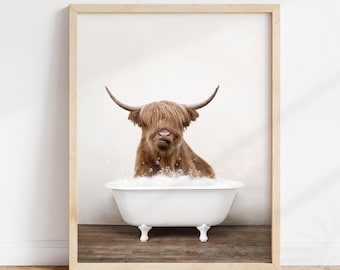 Highland Cow in Bathtub Art Print: Rustic Bathroom Wall Decor