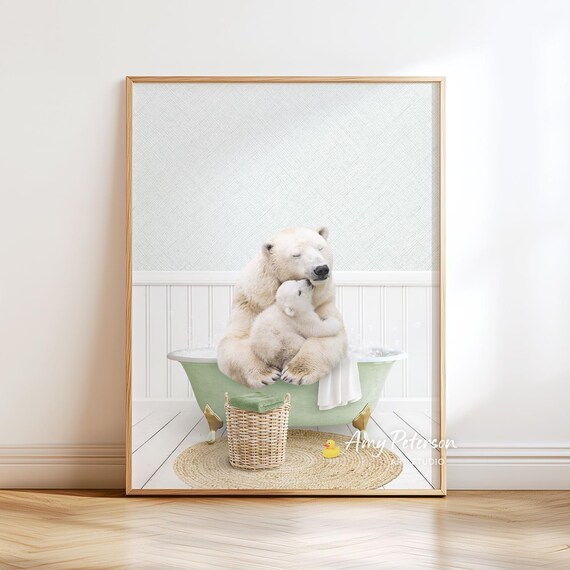 Polar Bear Art Print: Mother and Baby in Green Bathtub