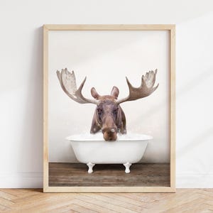 Moose in Bathtub Print: Rustic Bathroom Wall Art
