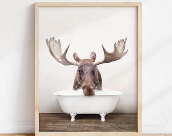 Moose in Bathtub Print: Rustic Bathroom Wall Art