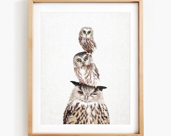 Stacked Owls, Owl Art, Owl Wall Art, Owl Decor, Three Owls, Woodland Animal Art Print by Amy Peterson