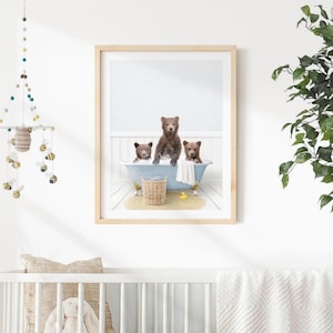 Bear Cubs in Bathtub Art Print: Vintage Cottage Bathroom Wall Decor