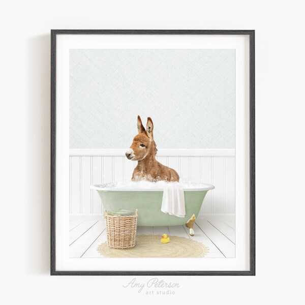 Baby Donkey in a Vintage Bathtub, Cottage Green Bath, Donkey in Tub, Bathroom Wall Art, Unframed Print, Animal Art by Amy Peterson