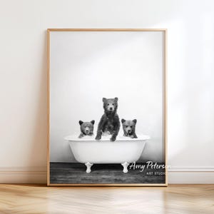 Bear Cubs in Bathtub Print: Rustic Bathroom Animal Art