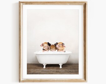 Three Little Pigs in a Vintage Bathtub, Rustic Bath Style, Pigs in Tub, Bathroom Wall Art, Unframed Print, Animal Art by Amy Peterson