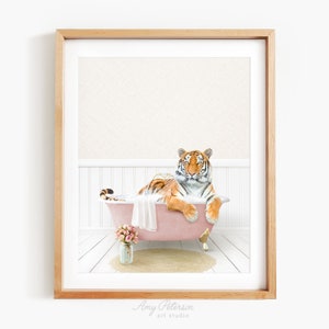 Tiger in a Vintage Bathtub, Cottage Rose Bath Style, Tiger in Tub, Bathroom Wall Art, Unframed Print, Animal Art by Amy Peterson