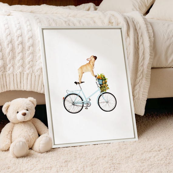 Dog Art Print: French Bulldog on Bicycle - Whimsical Animal Decor