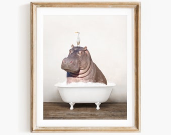 Hippo with Bird in a Vintage Bathtub, Rustic Bath Style, Hippo in Tub, Bathroom Wall Art, Unframed Print, Animal Art by Amy Peterson